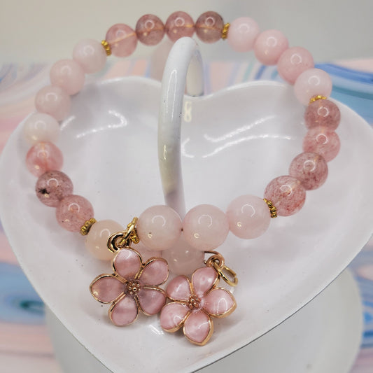 Strawberry & Rose Quartz Cuff with Charms
